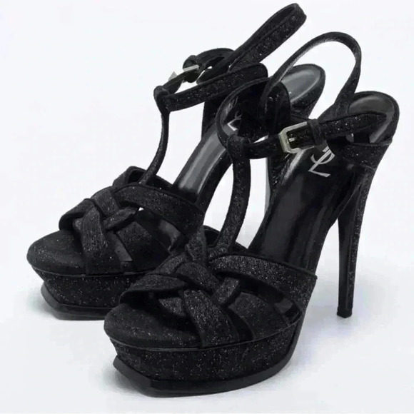 YSL Yves Saint Laurent Tribute platform Sandal in black shimmer - Picture 1 of 16